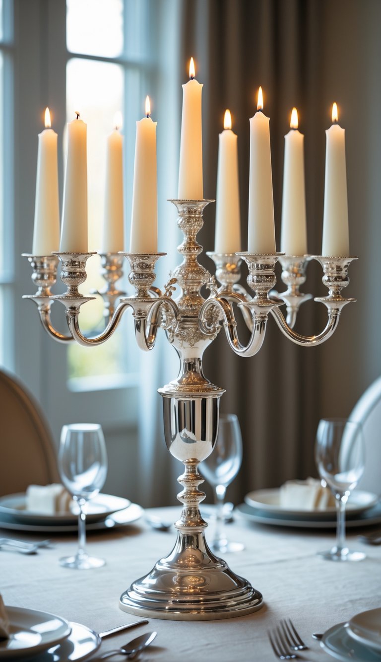Dining Room Table Centerpiece Ideas to Transform Every Meal 9 A silver candelabra with white tapered candles as a centerpiece on a dining table.