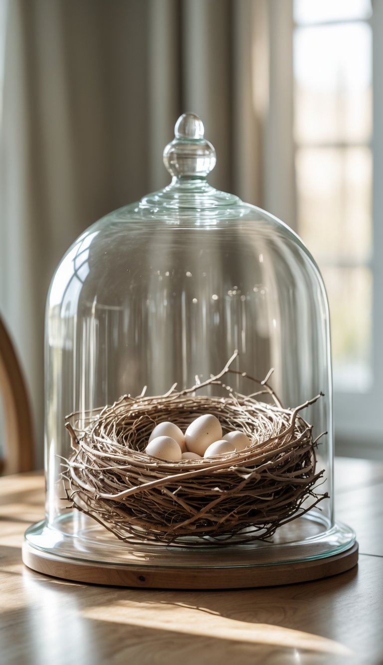 Dining Room Table Centerpiece Ideas to Transform Every Meal 10 A glass cloche covering a decorative bird’s nest centerpiece on a wooden dining room table.