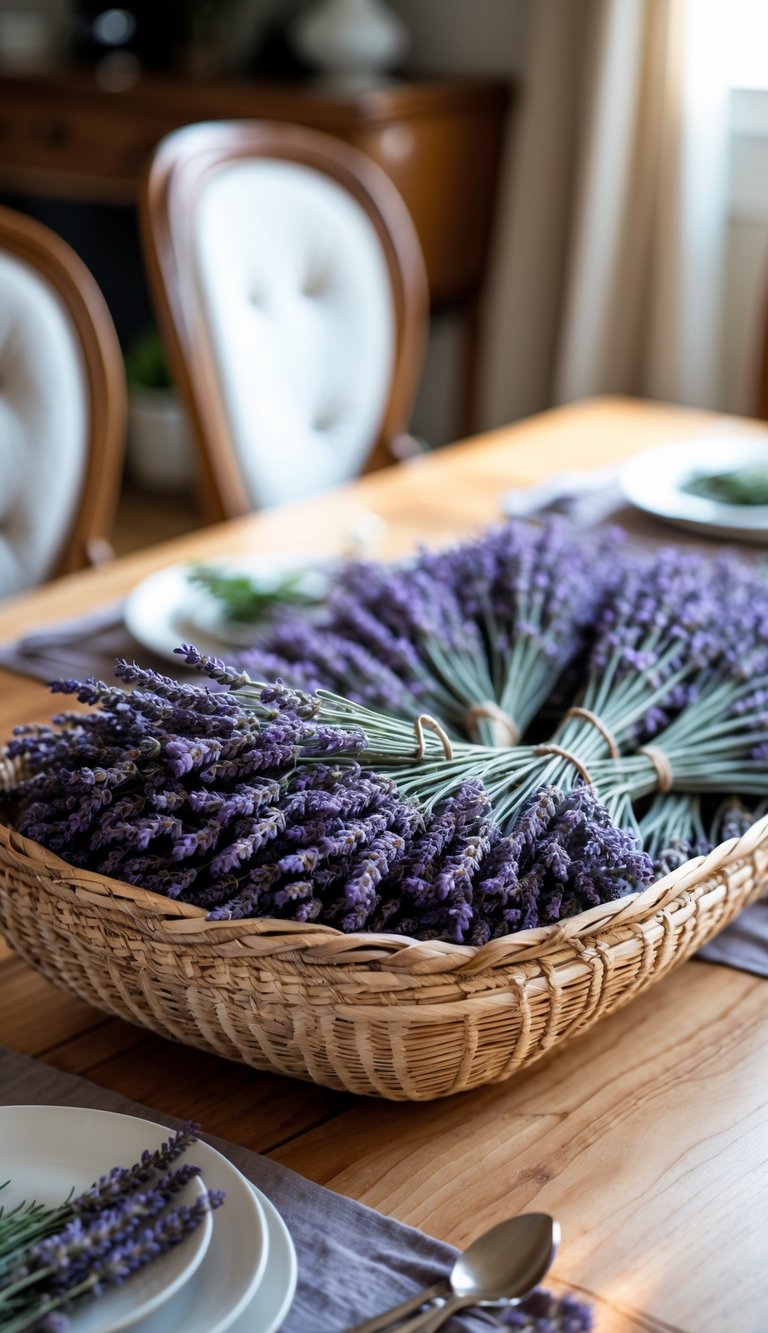Dining Room Table Centerpiece Ideas to Transform Every Meal 11 A handwoven basket filled with dried lavender bundles placed on a dining room table as a centerpiece.