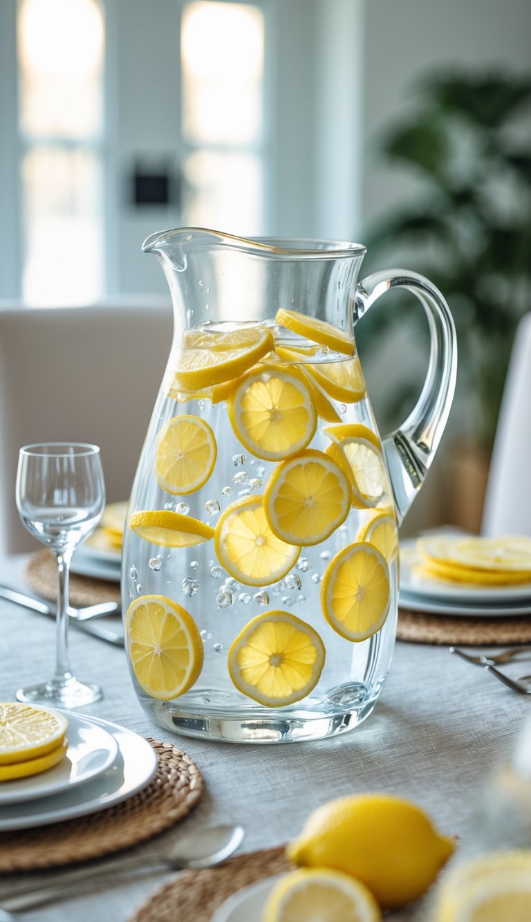 Dining Room Table Centerpiece Ideas to Transform Every Meal 12 Glass pitcher filled with water and floating lemon slices on a dining room table.