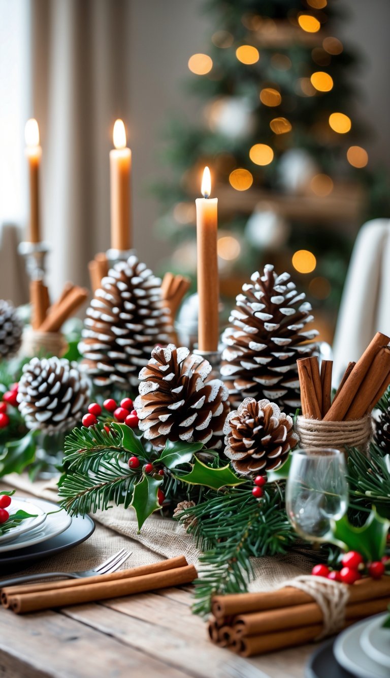 Dining Room Table Centerpiece Ideas to Transform Every Meal 13 A dining room table with a centerpiece of pinecones, cinnamon sticks, and greenery arranged on a wooden surface.