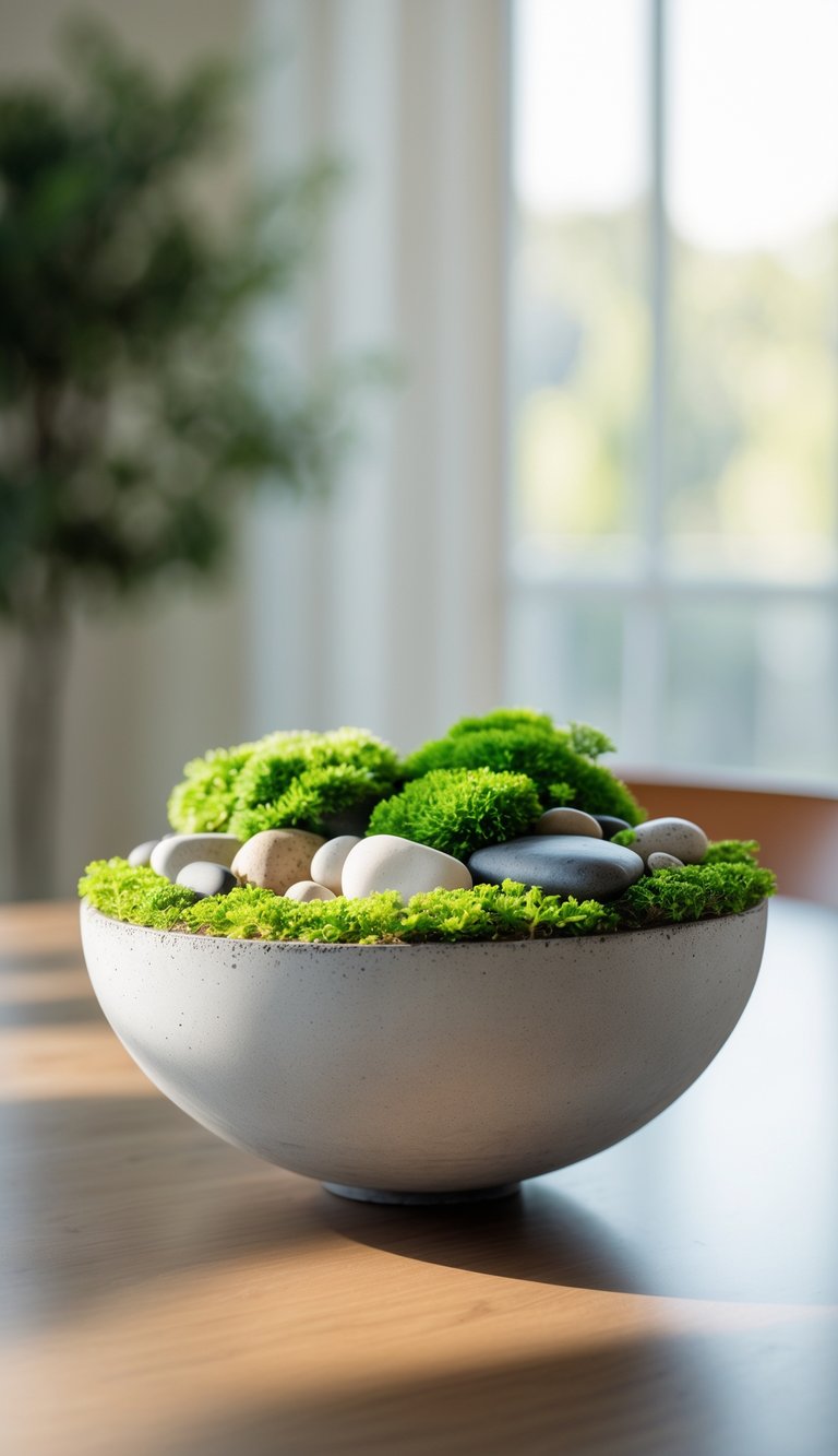 Dining Room Table Centerpiece Ideas to Transform Every Meal 14 A modern concrete bowl filled with moss and pebbles placed on a wooden dining table.
