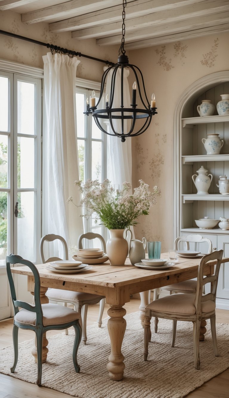 A rustic dining room with a wooden table, vintage chairs, natural light from large windows, and a vase of fresh flowers on the table.