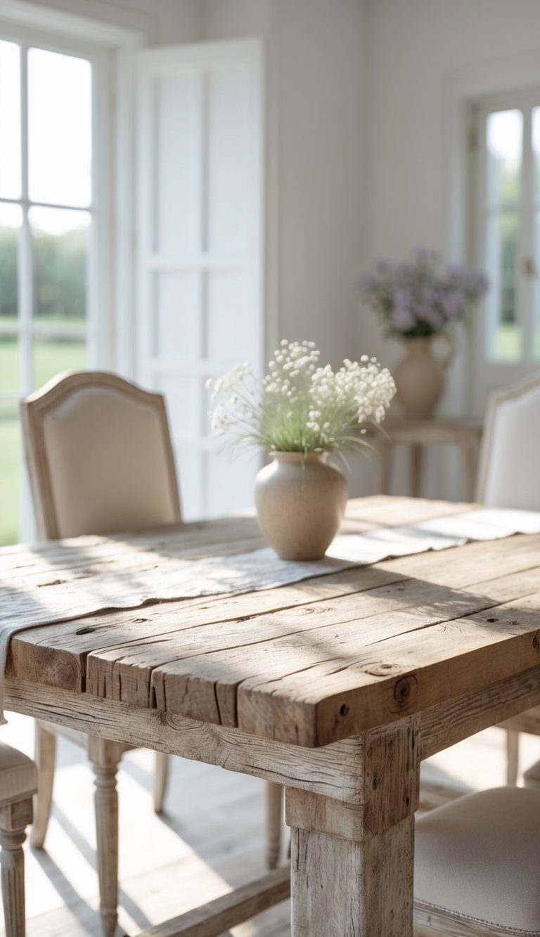A weathered wooden dining table in a bright dining room with chairs and a vase of flowers on the table.