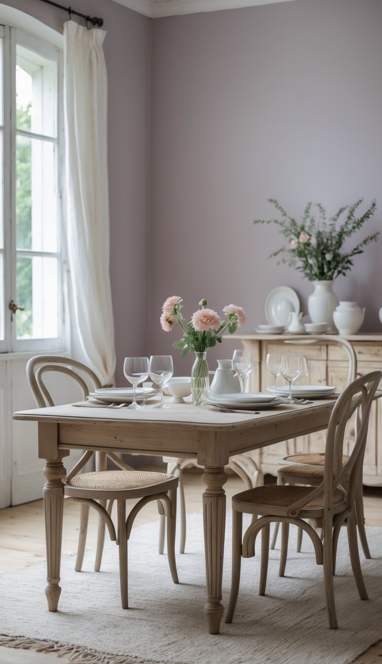 A dining room with soft pastel-colored walls, a wooden table set with plates and flowers, illuminated by natural light from large windows.