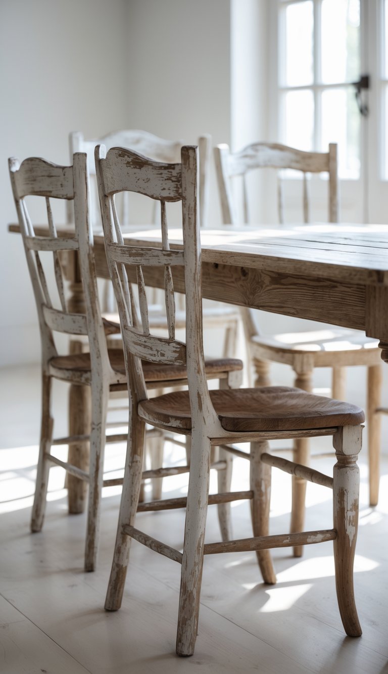 A set of worn wooden dining chairs around a rustic wooden table in a bright dining room.