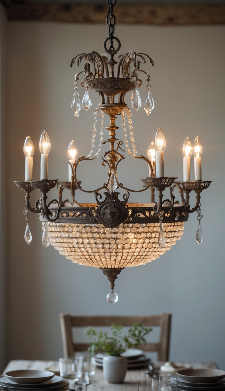 An antique French chandelier hanging above a dining table set with simple tableware and a small vase with greenery.