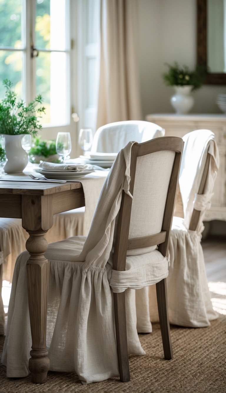 A wooden dining table with chairs covered in light-colored slipcovers, set near a window with natural light and a small vase of flowers on the table.