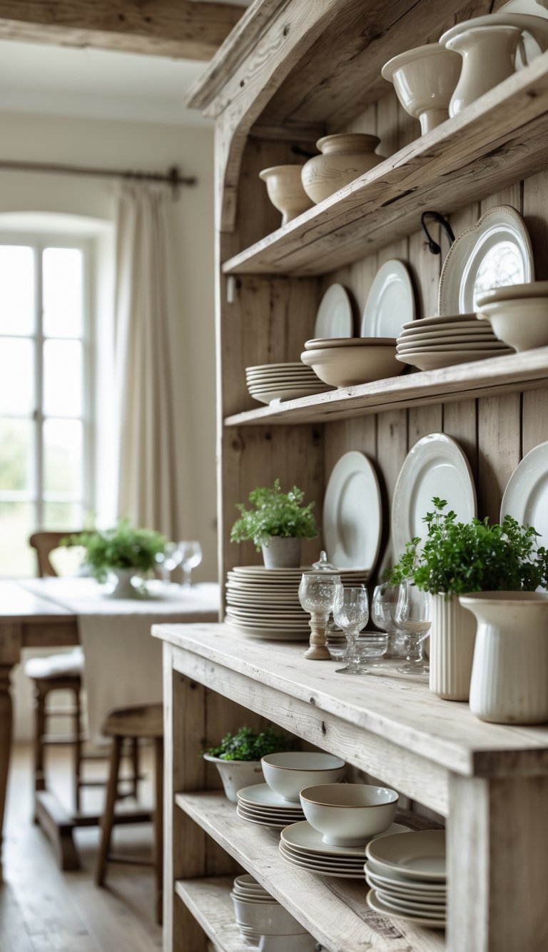Rustic wooden open shelving in a dining room displaying plates, glassware, and potted herbs with a wooden table nearby.