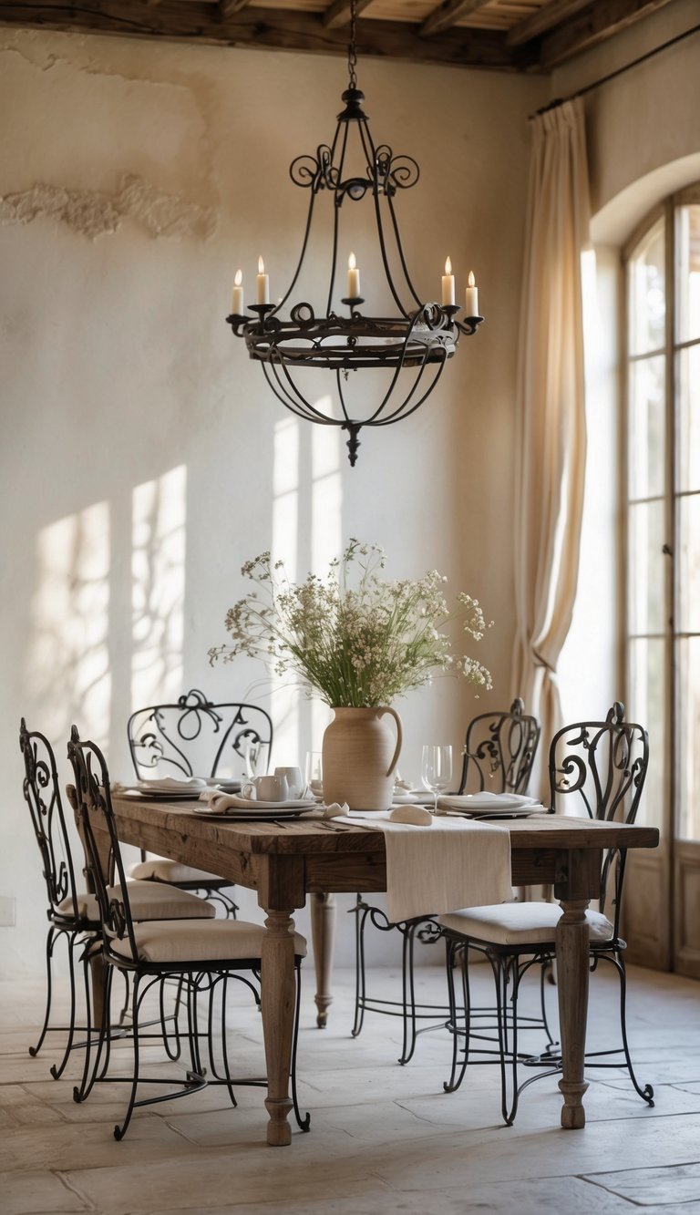 A dining room with a wooden table and wrought iron chairs, lit by natural light from large windows.