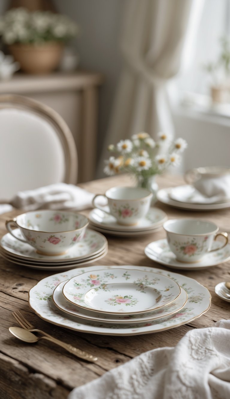 A rustic wooden dining table set with vintage floral porcelain plates, cups, and a small vase of wildflowers.