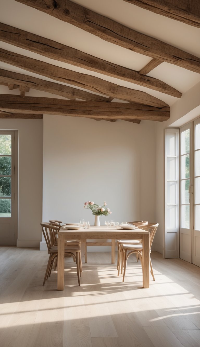 Dining room with exposed wooden ceiling beams, a wooden table, and natural light coming through windows.