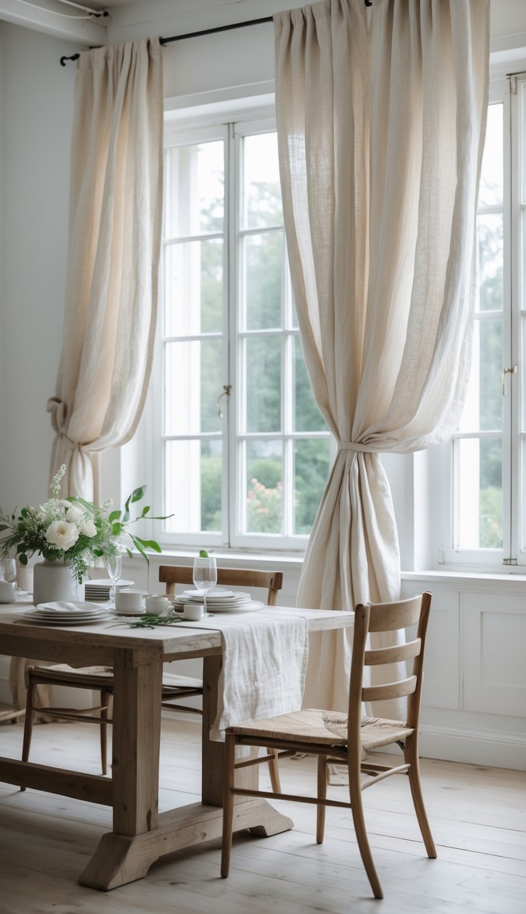 A dining room with large windows covered by light linen curtains, a wooden dining table with simple tableware, and fresh flowers in a bright, calm setting.
