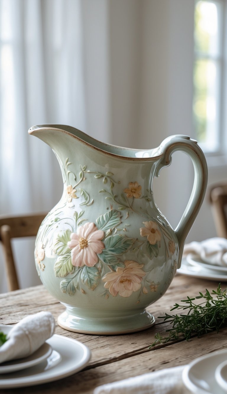 A hand-painted ceramic pitcher on a wooden dining table with soft natural light and simple table settings.