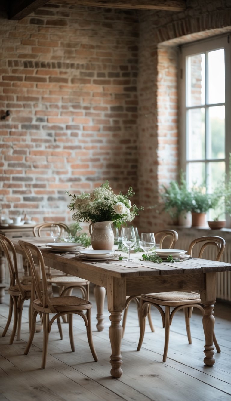 Dining room with an exposed brick wall, wooden table set for a meal, flowers in a vase, and natural light from a window.