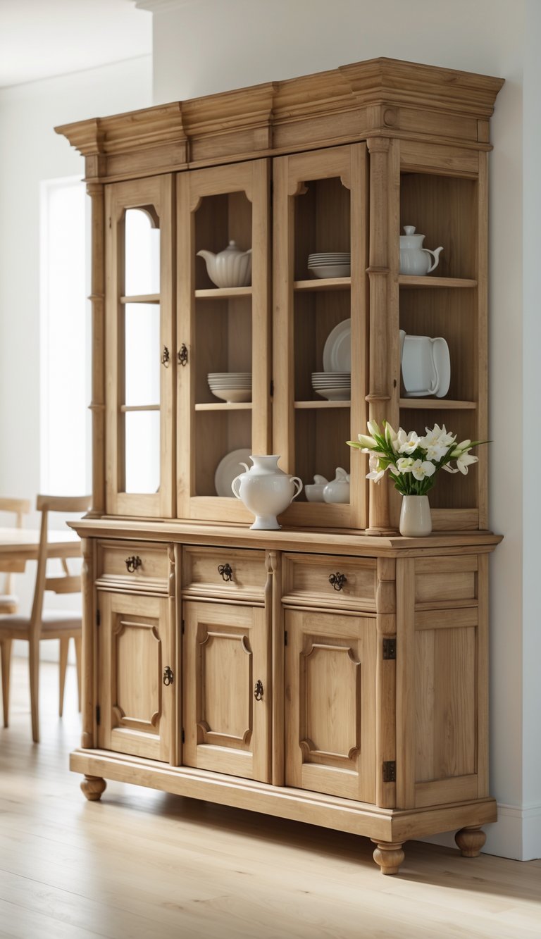 A wooden buffet cabinet with ceramic dishes and a vase of flowers in a bright dining room.