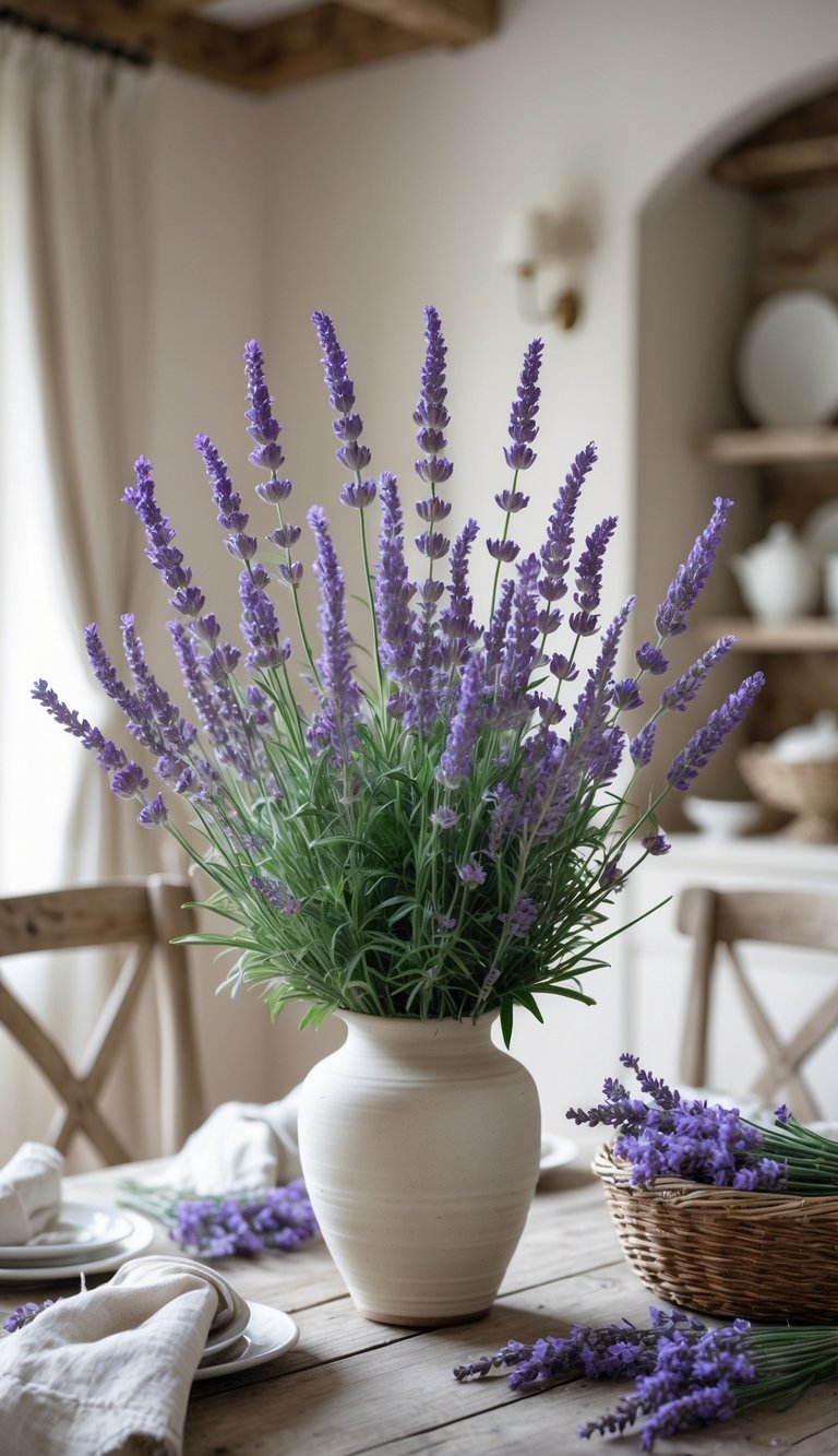 A fresh lavender bouquet in a ceramic vase on a wooden dining table in a softly lit dining room.