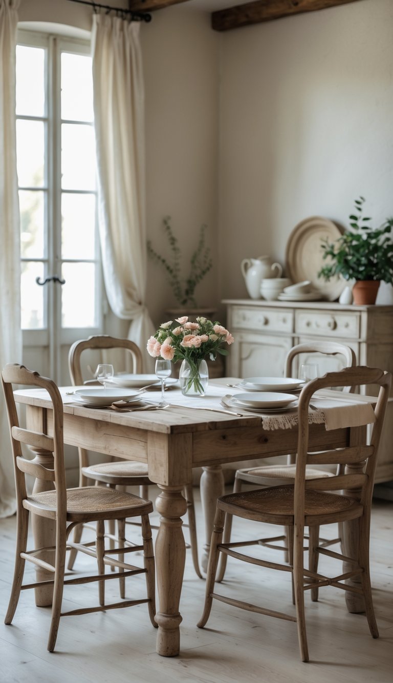 A rustic wooden dining table set with tableware and flowers in a softly lit dining room with wooden chairs and a sideboard.