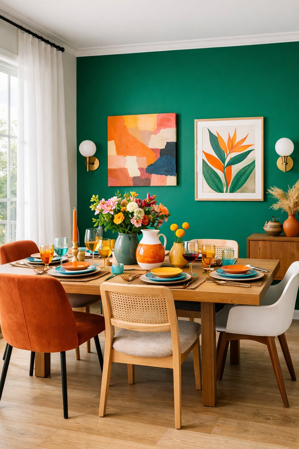 A dining room with an emerald green accent wall, a table set for a meal, and chairs around the table.