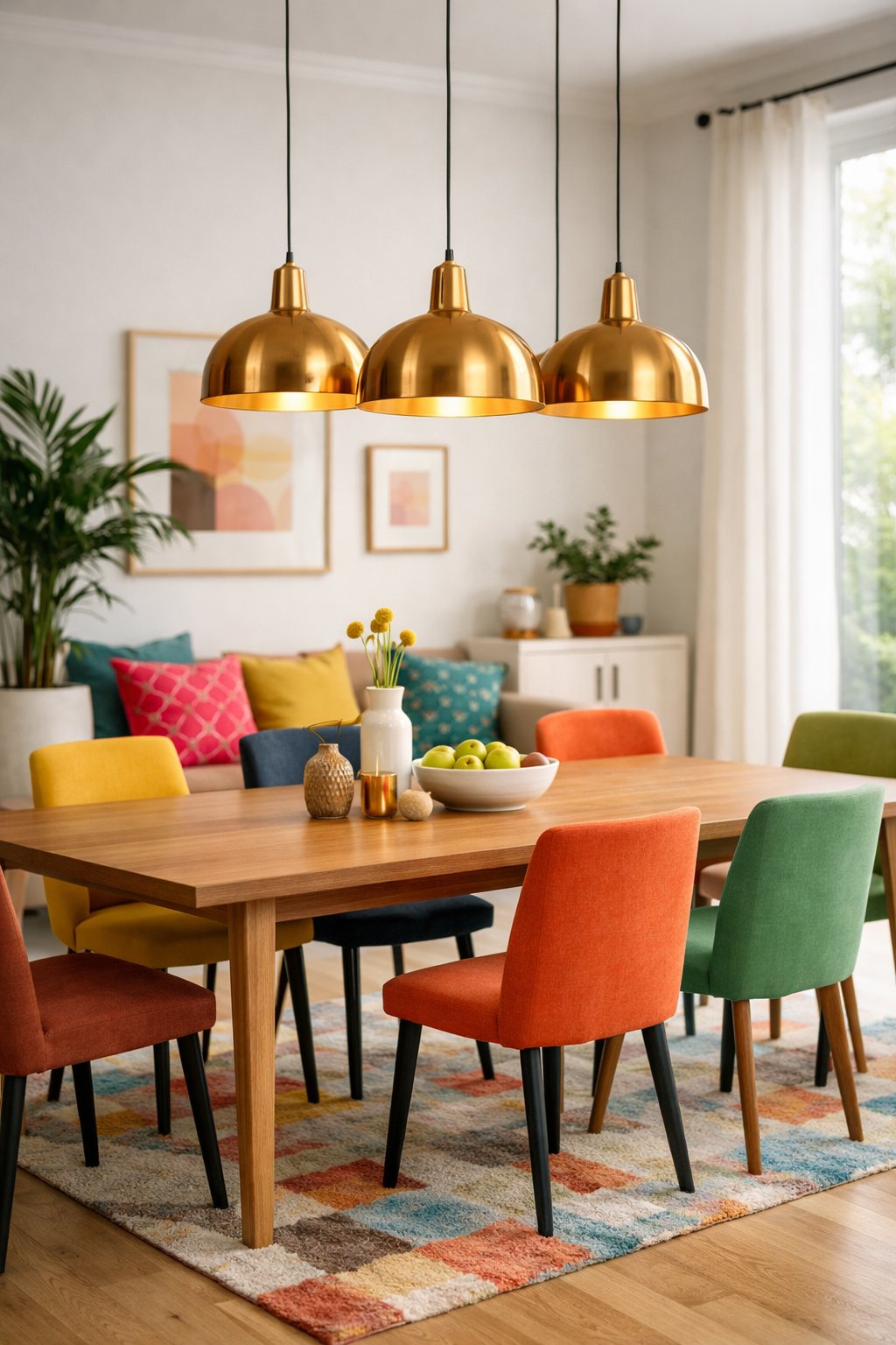 Dining room with a wooden table, colorful chairs, and gold pendant lamps hanging above.
