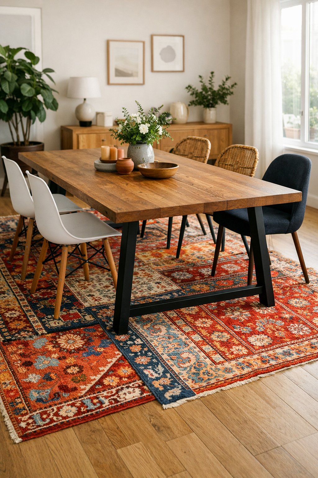 Dining room with a wooden table and chairs placed on colorful patterned rugs, illuminated by natural light.