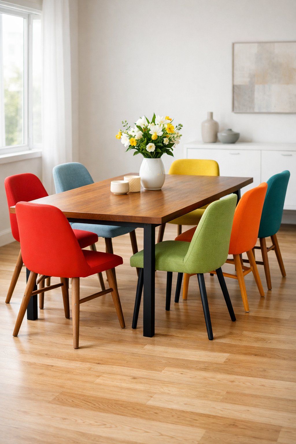 A dining room with a wooden table surrounded by colorful dining chairs in different styles and hues.
