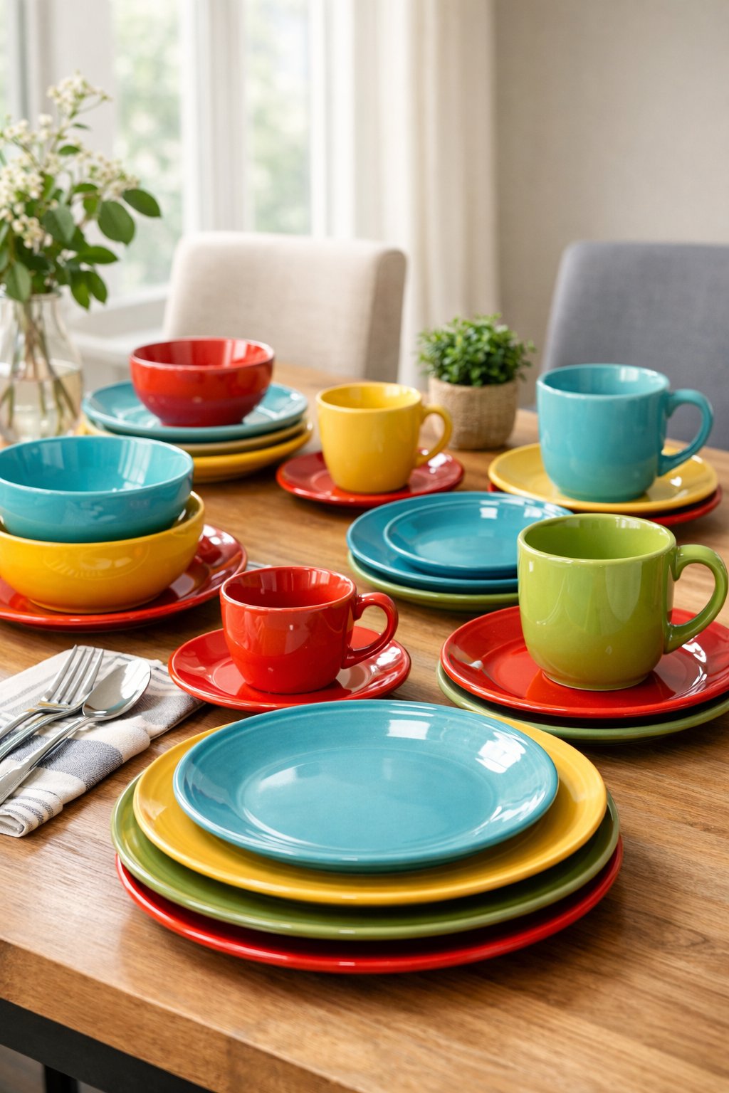 A dining table decorated with colorful ceramic plates, bowls, and cups in a bright room with natural light.
