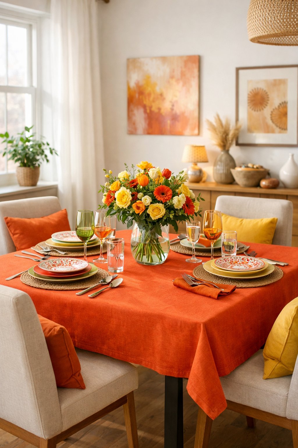Dining room with a vibrant red or orange tablecloth on a set dining table surrounded by chairs and natural light coming through windows.