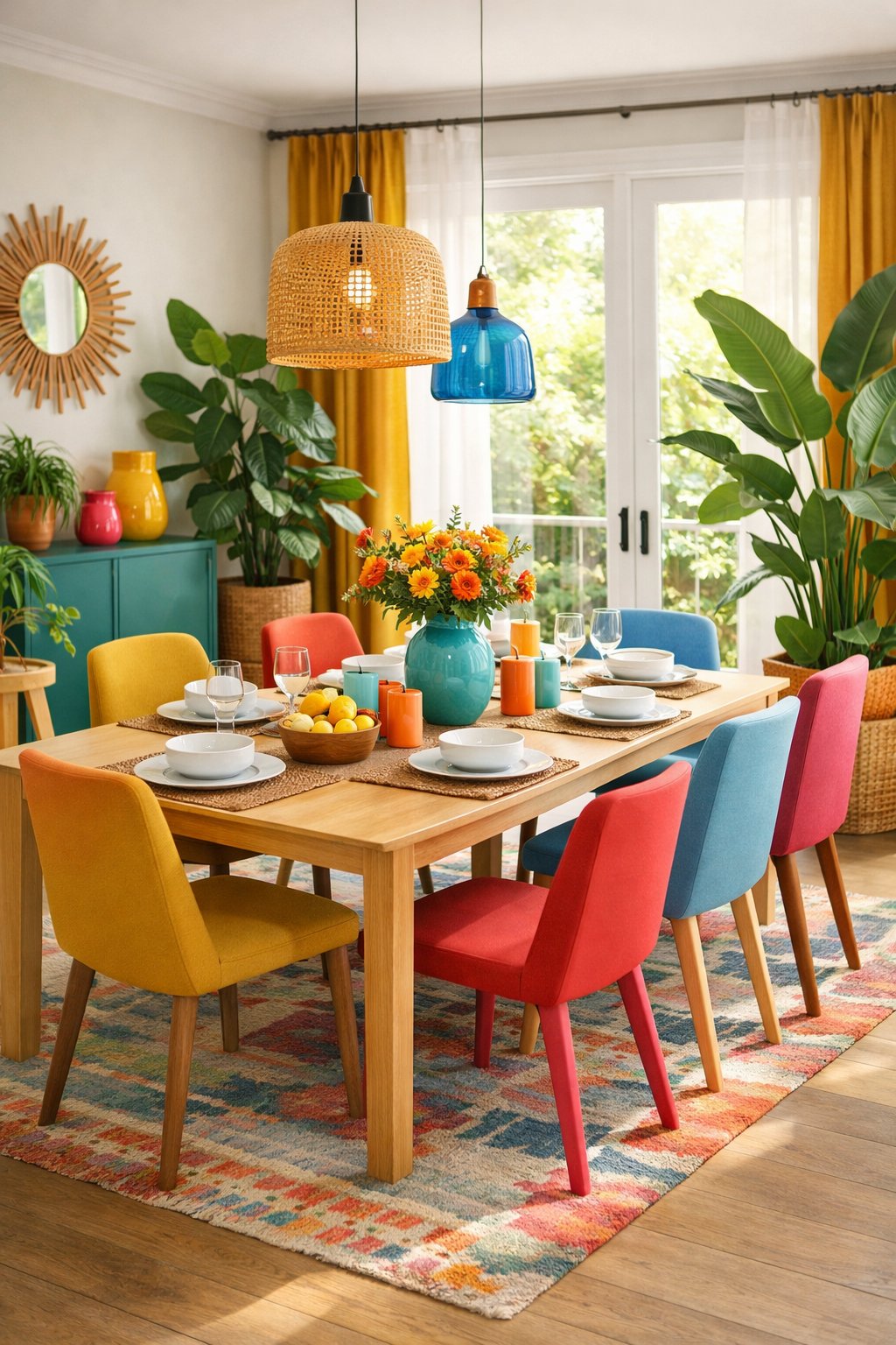 A dining room with a colorful table setting and several green potted plants placed around the space.