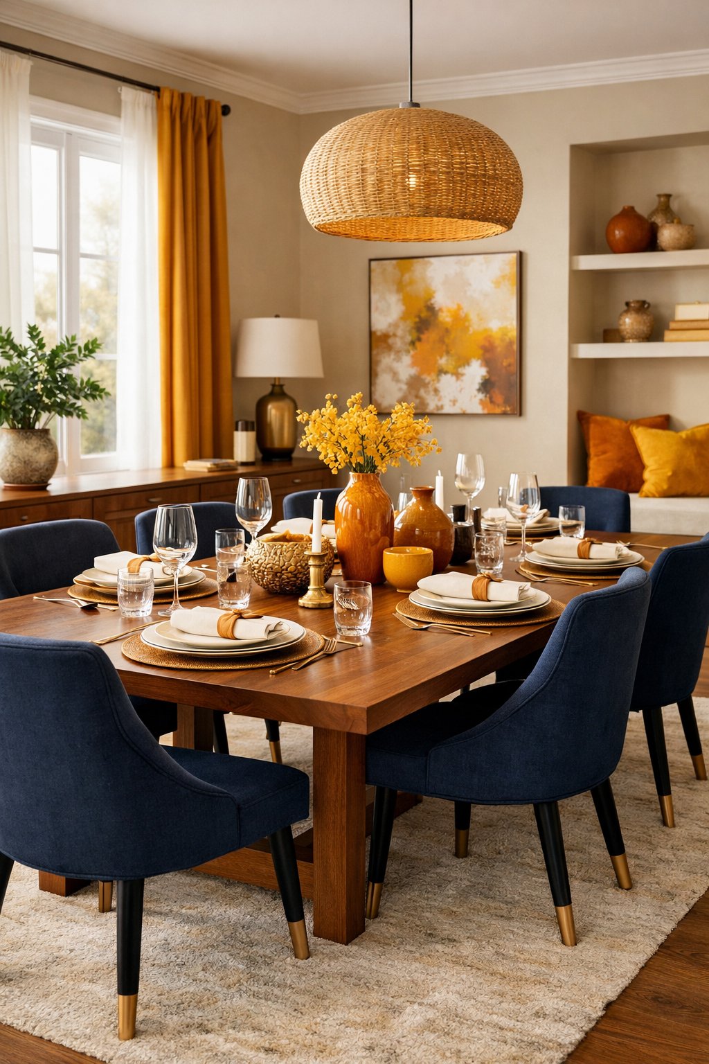 A dining room with a wooden table, navy blue chairs, warm beige walls, marigold accents, and natural light coming through large windows.