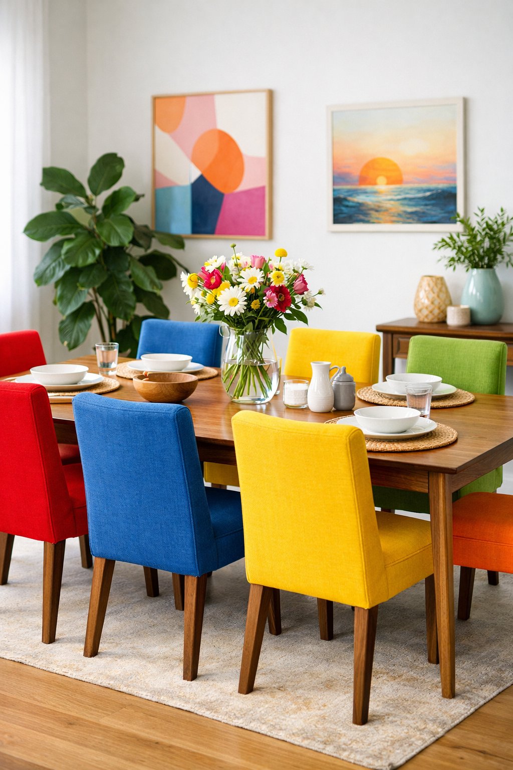 A dining room with a wooden table surrounded by chairs featuring bright, colorful cushions and natural light coming through the windows.