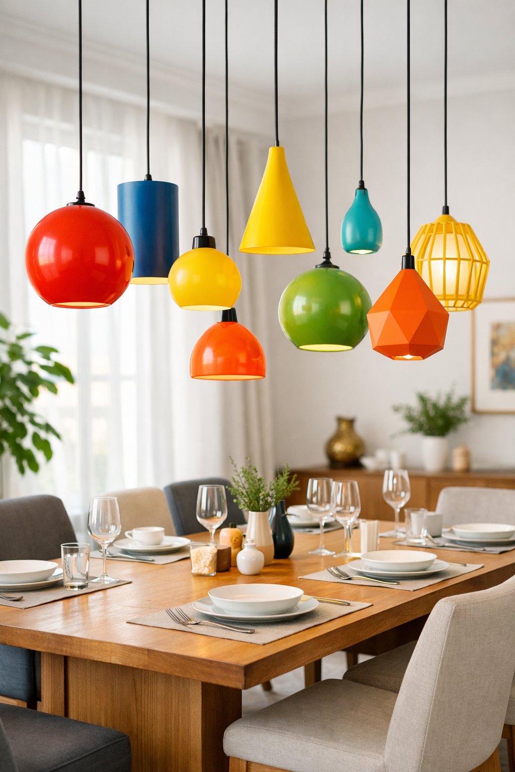 A dining room with colorful pendant lights of different shapes hanging above a set dining table.