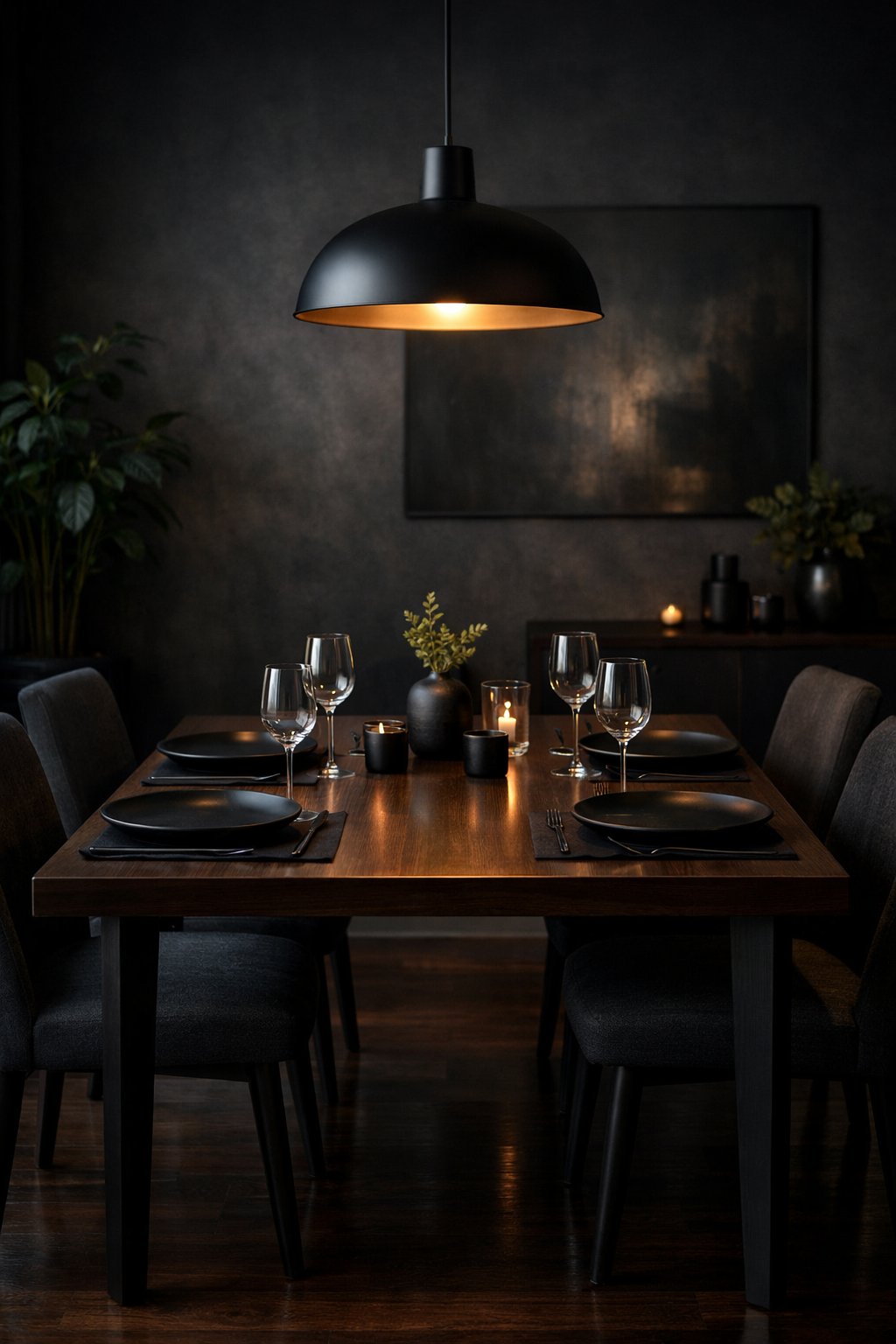 A dining room with a dark wooden table set for four, soft overhead lighting, dark walls, and minimal decor including plants and artwork.