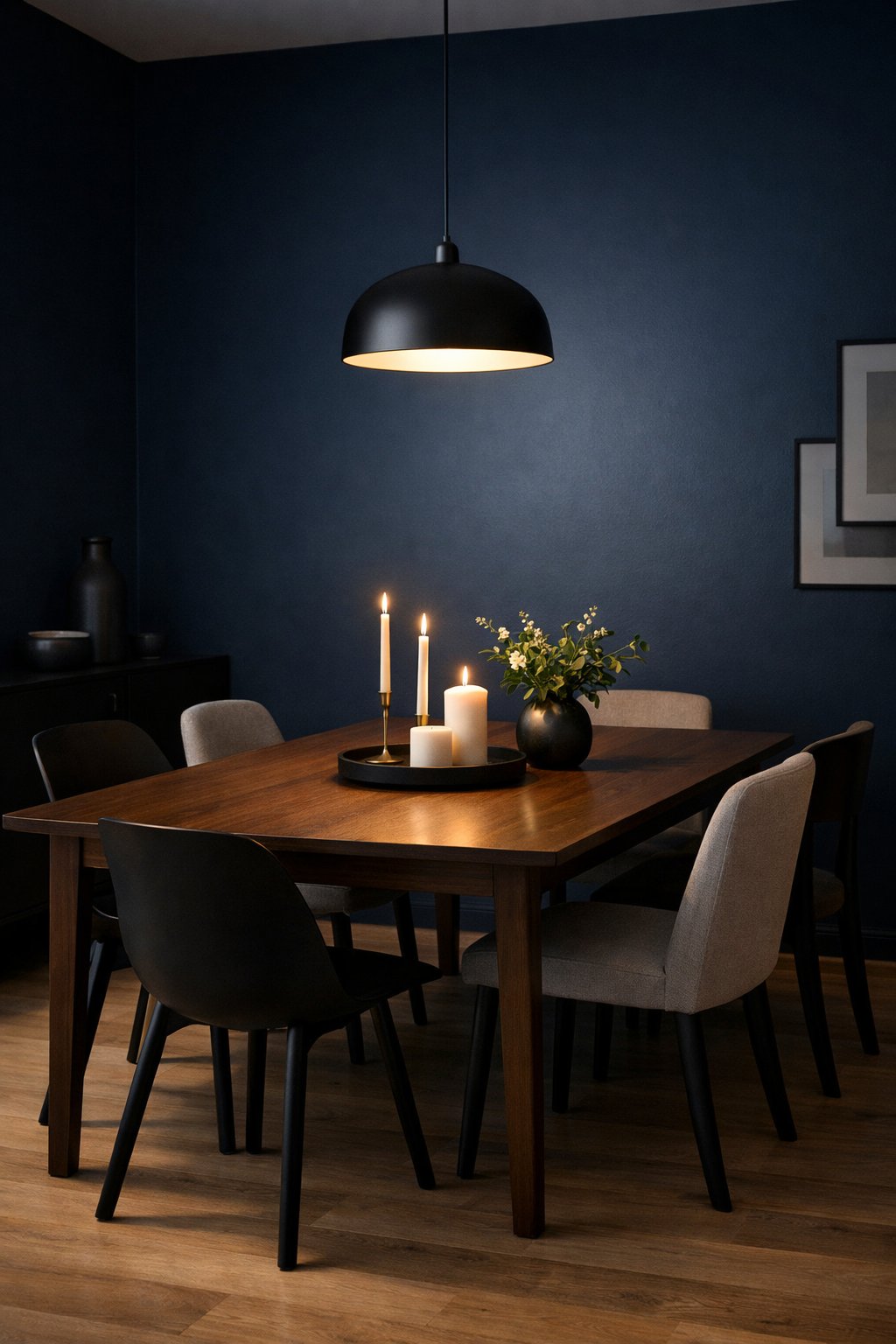 A dining room with deep blue walls, a wooden table, modern chairs, and a simple centerpiece with candles and greenery.