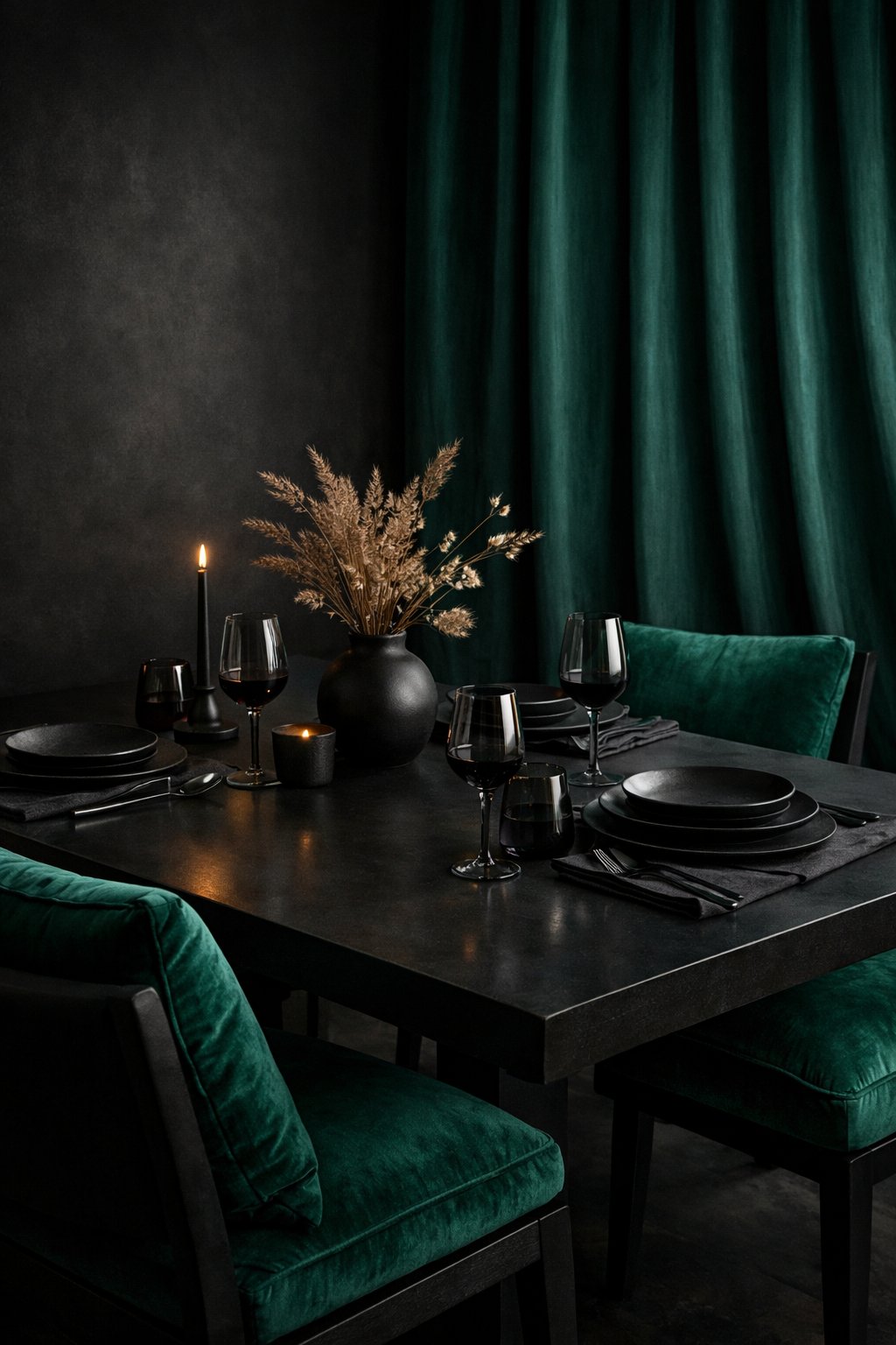 A dining room with a dark table, emerald green cushions on chairs, and matching curtains in the background.