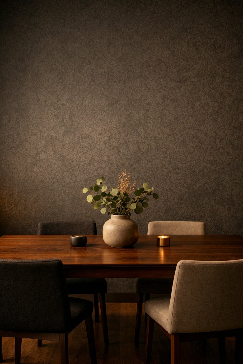 A dining room with a wooden table, modern chairs, and textured wallpaper with subtle patterns on the wall.