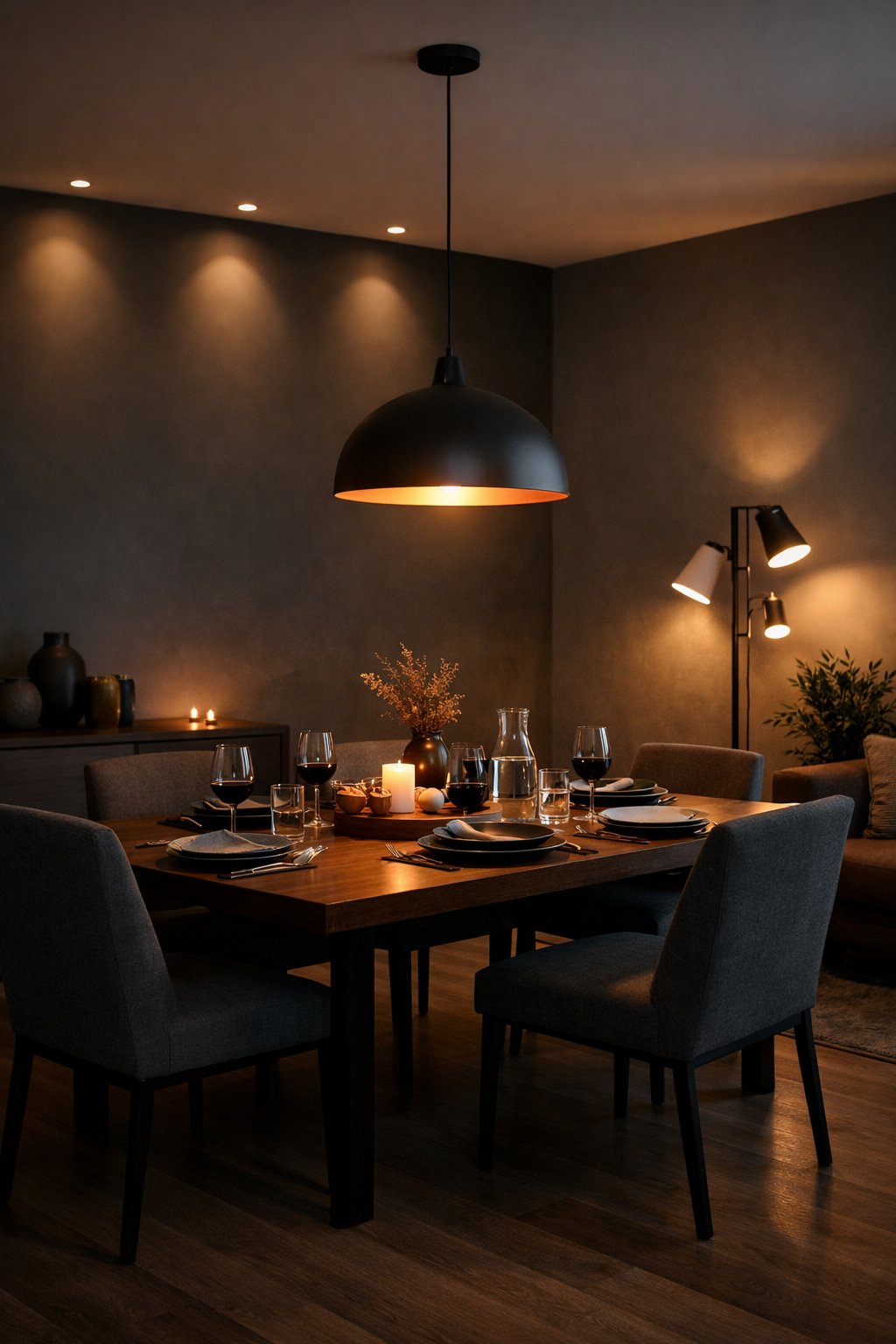 A modern dining room with a table set for a meal, illuminated by three different light sources creating a warm and cozy atmosphere.