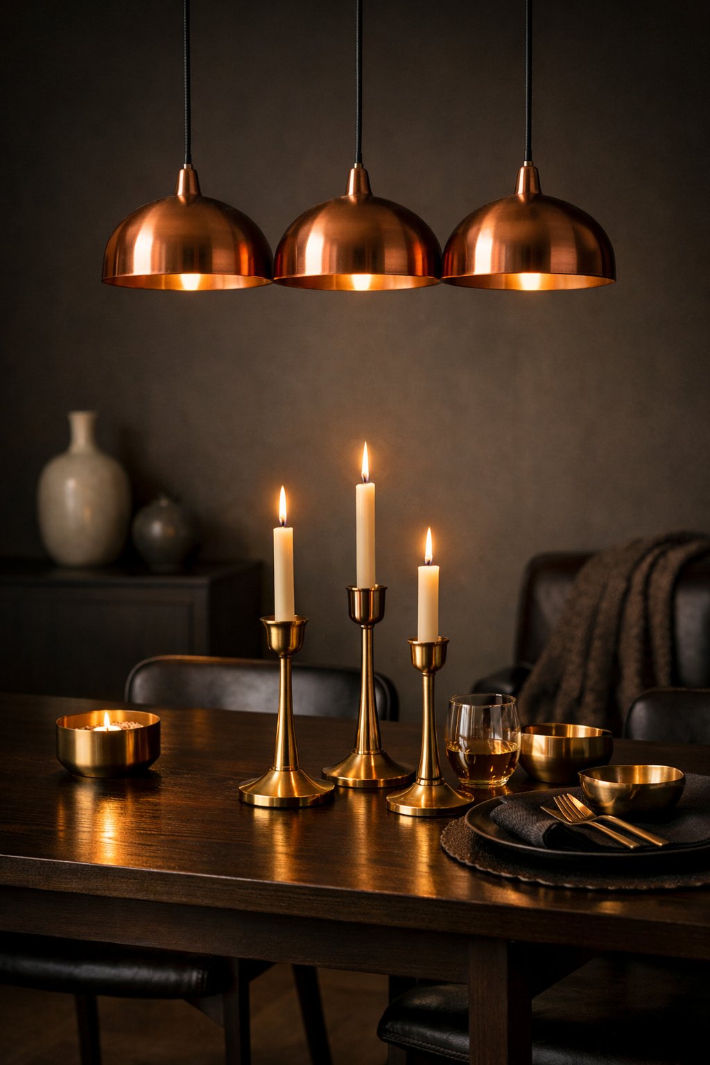 A dining room with a table set under copper pendant lights and brass candle holders, surrounded by dark walls and simple decor.