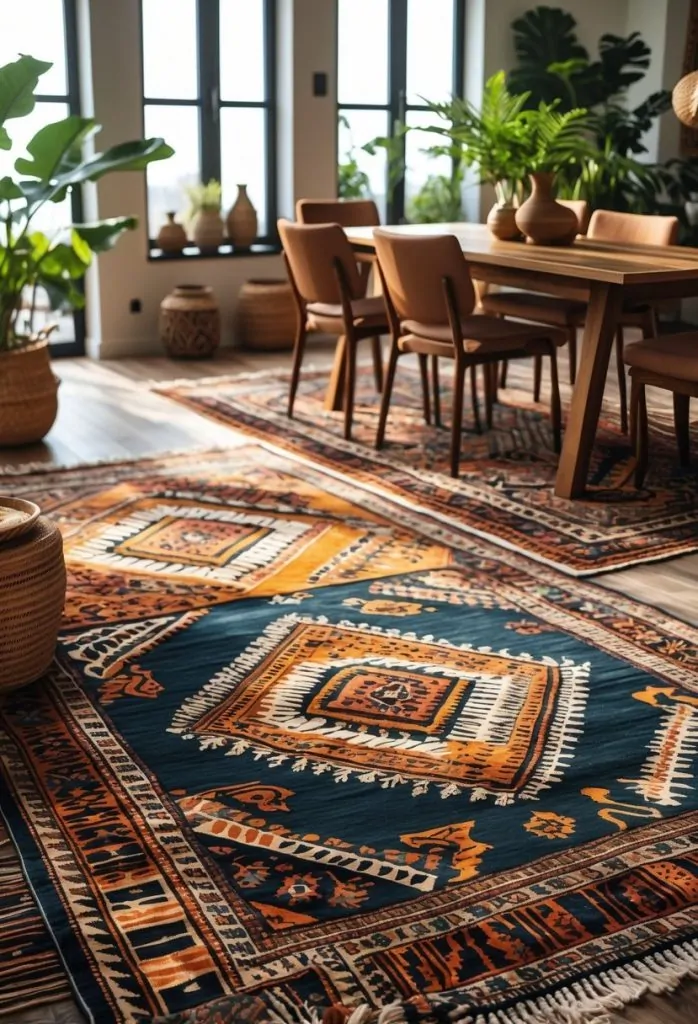 1) Use layered rugs with ethnic patterns