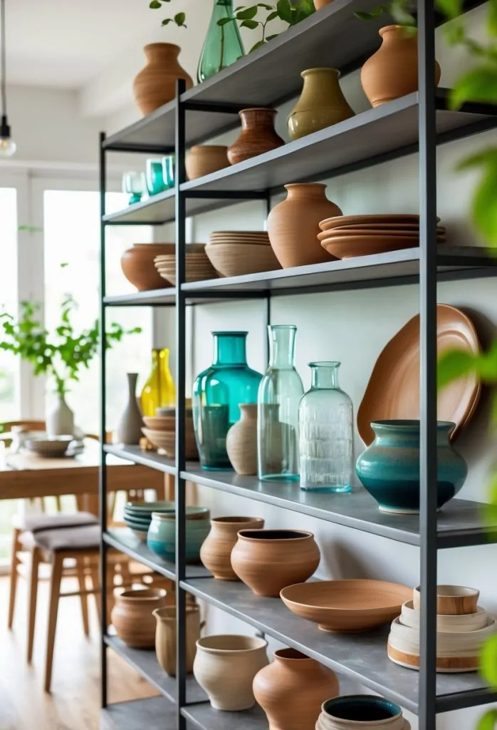 18) Display open shelving with eclectic pottery and glassware