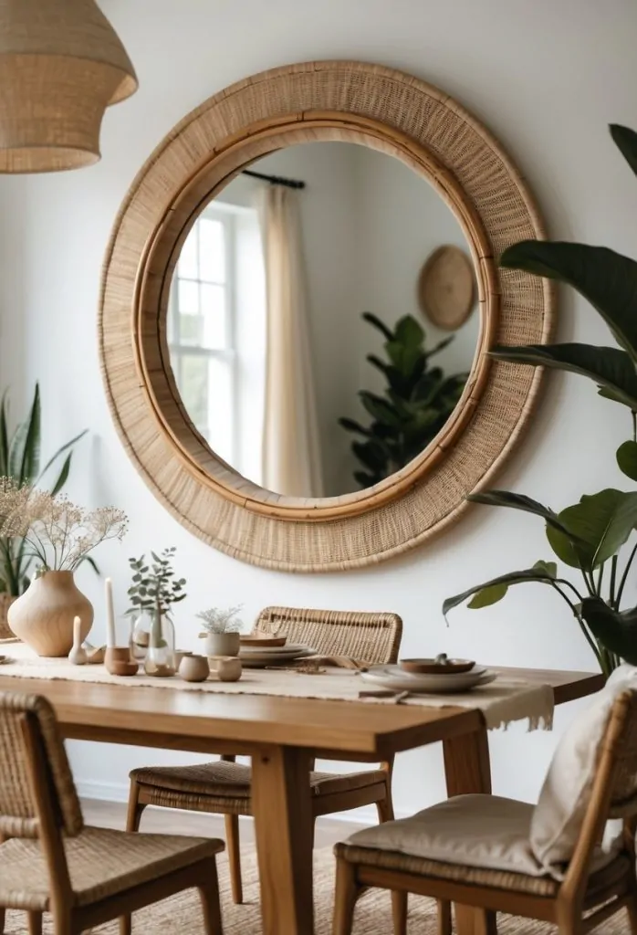 20) Hang a large mirror with a wooden or rattan frame