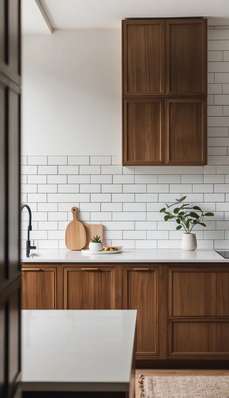 A kitchen with white subway tile backsplash and brown wooden cabinets.