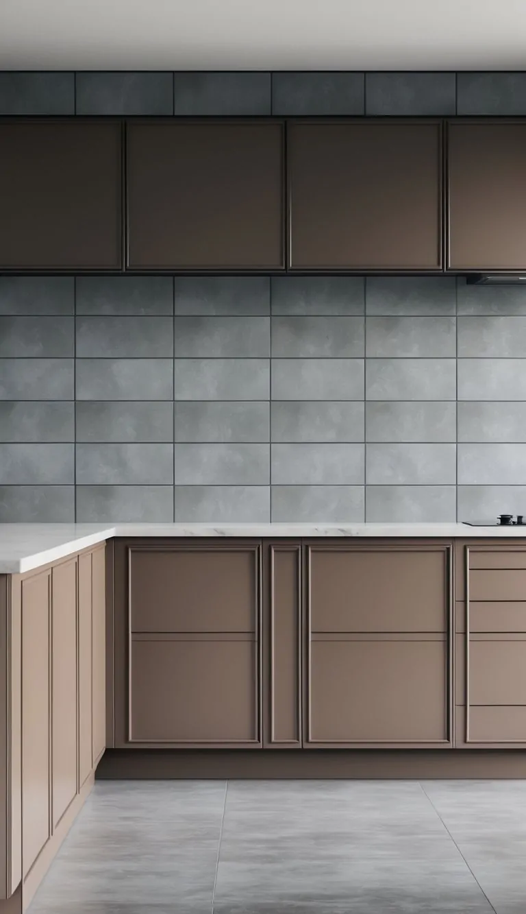 A kitchen backsplash with grey porcelain tiles and brown cabinets underneath.