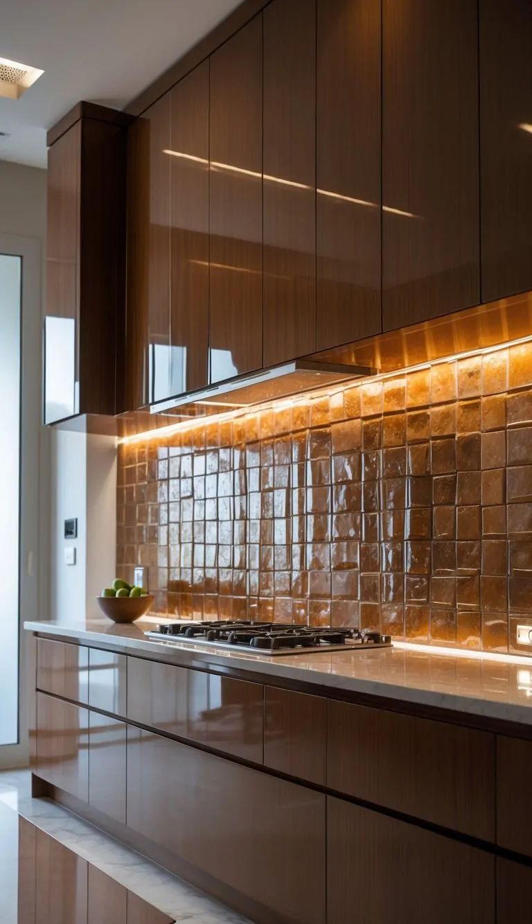 A kitchen with brown cabinets and a backsplash made of textured, glossy hand-glazed tiles reflecting light.