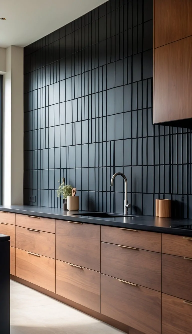 A kitchen with matte black geometric tile backsplash and brown wooden cabinets beneath.