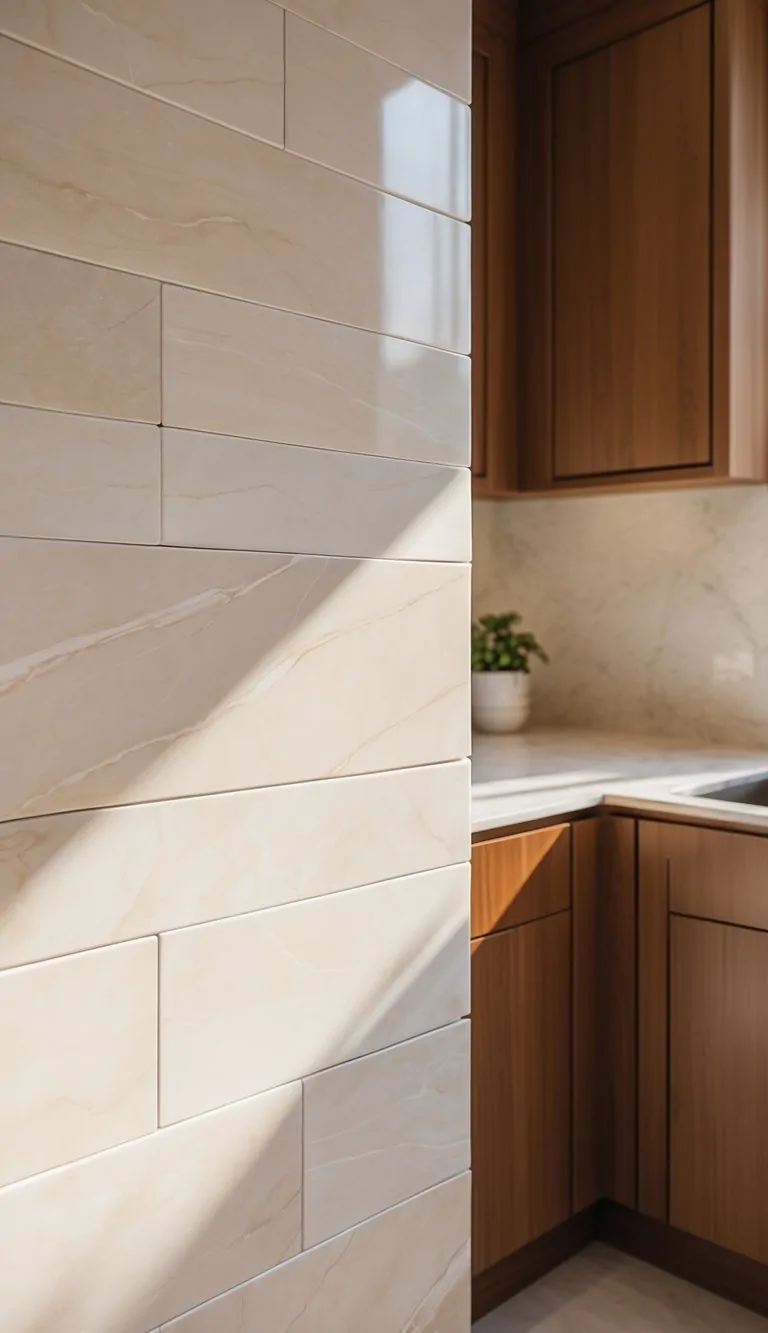 Kitchen backsplash with cream-colored marble tiles and brown wooden cabinets.