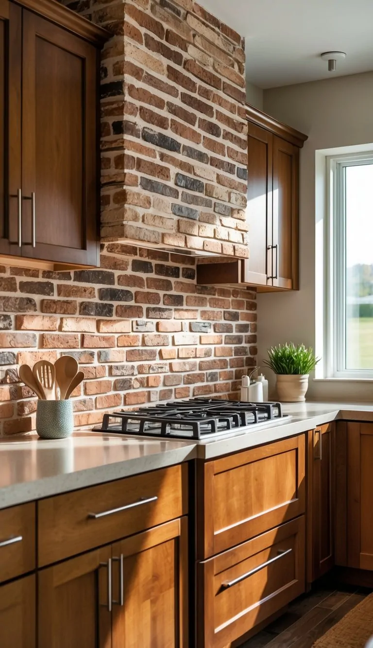 A kitchen with brown cabinets and a brick-style backsplash in warm tones, featuring a light countertop and natural lighting.