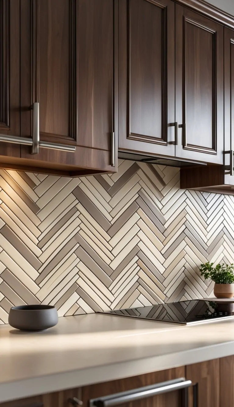 A kitchen with beige and taupe herringbone ceramic tile backsplash and brown wooden cabinets.
