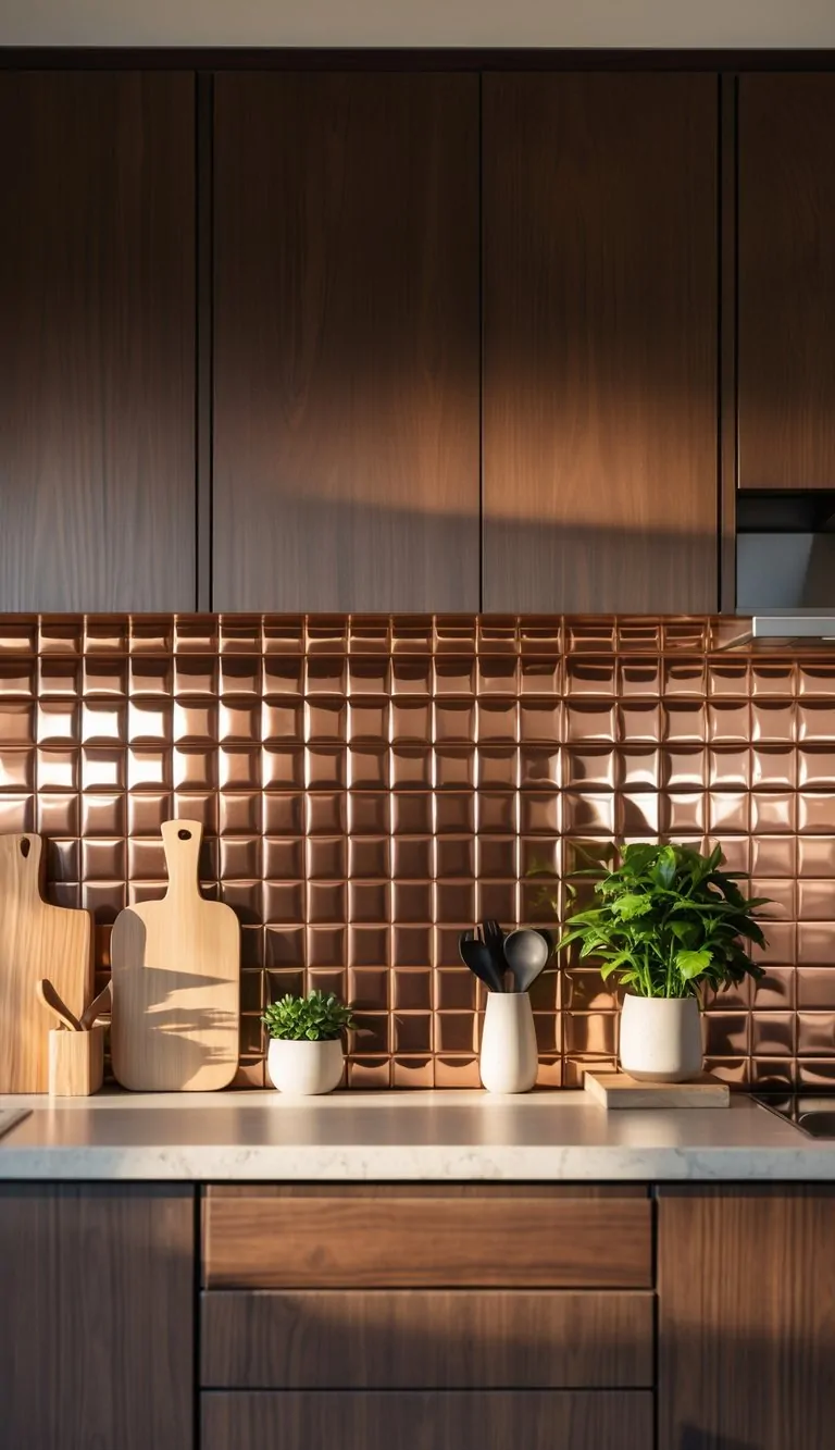 A kitchen with metallic bronze tile backsplash and brown wooden cabinets.
