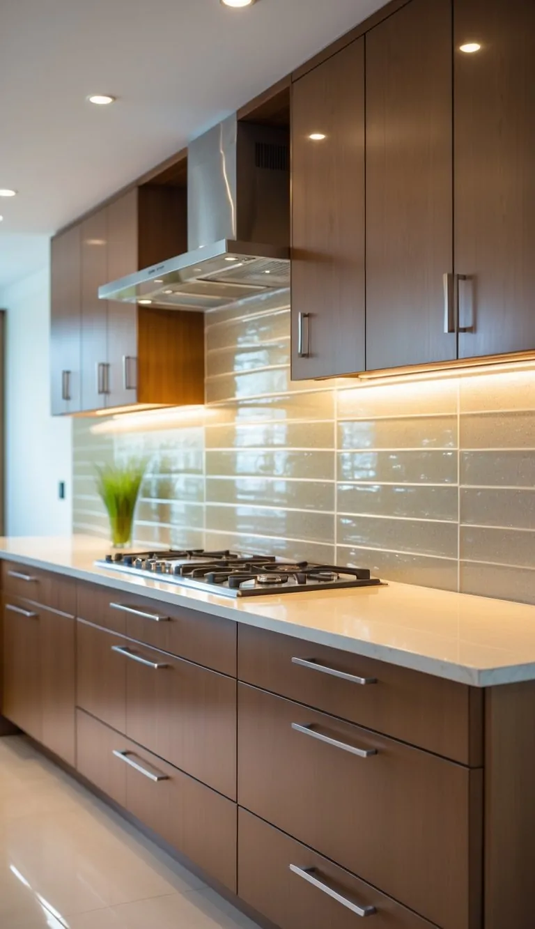 A kitchen with a beige glass tile backsplash and brown cabinets below the countertop.